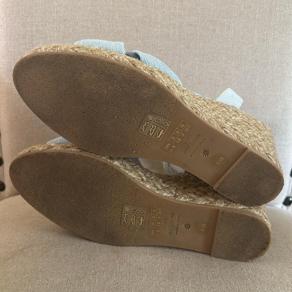 Stuart Weitzman Women’s Playa Espadrille Wedge Bow Sandals Blue Tan Size 8.5 - Picture 9 of 10